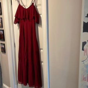 Burgundy floor length bridesmaid dress, off the shoulder